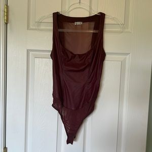 Leather maroon bodysuit w sheer back